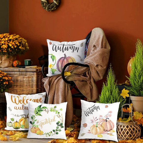 NEW Fall Decor Pillow Covers 18x18 Set of 4- Grateful, 2 Autumn, Welcome Autumn - Picture 10 of 11